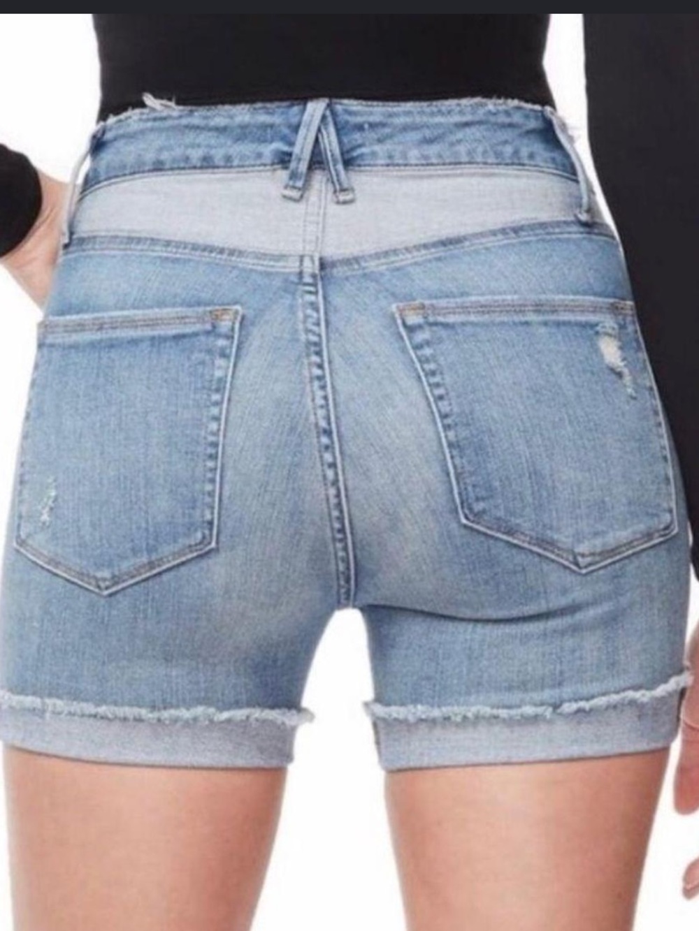 Good American The Cutoffs Stretch Pieced Denim 2tone blue country Americana 8/29
